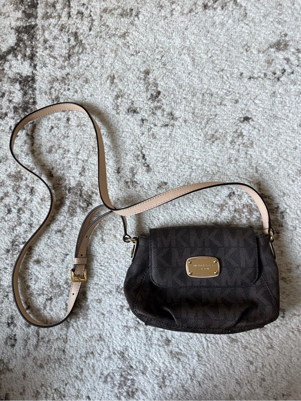 Michael Kors Dark Brown Logo Crossbody with Nude Strap
